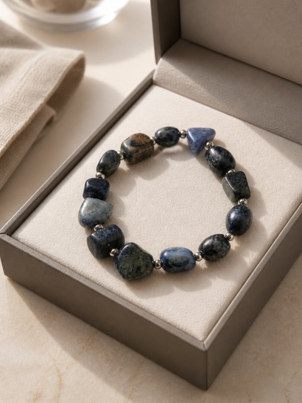 Moss Agate Stone Beaded Deep‎ Blue/Green Bracelet - New